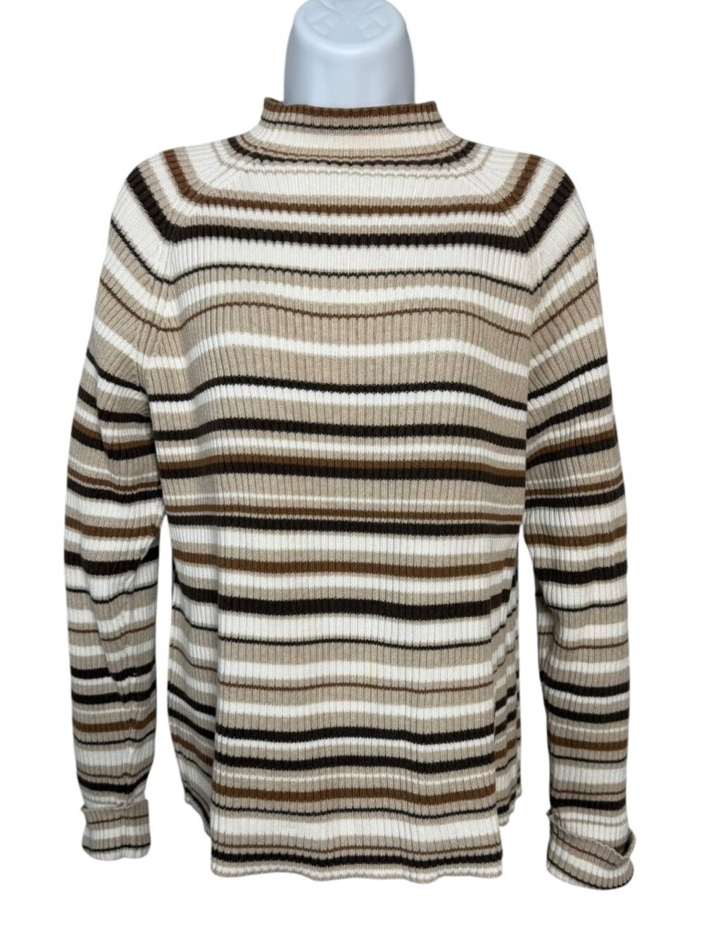 Studio Works Women’s XL Striped Mock Neck Cotton Sweater Y2K Retro Neutral